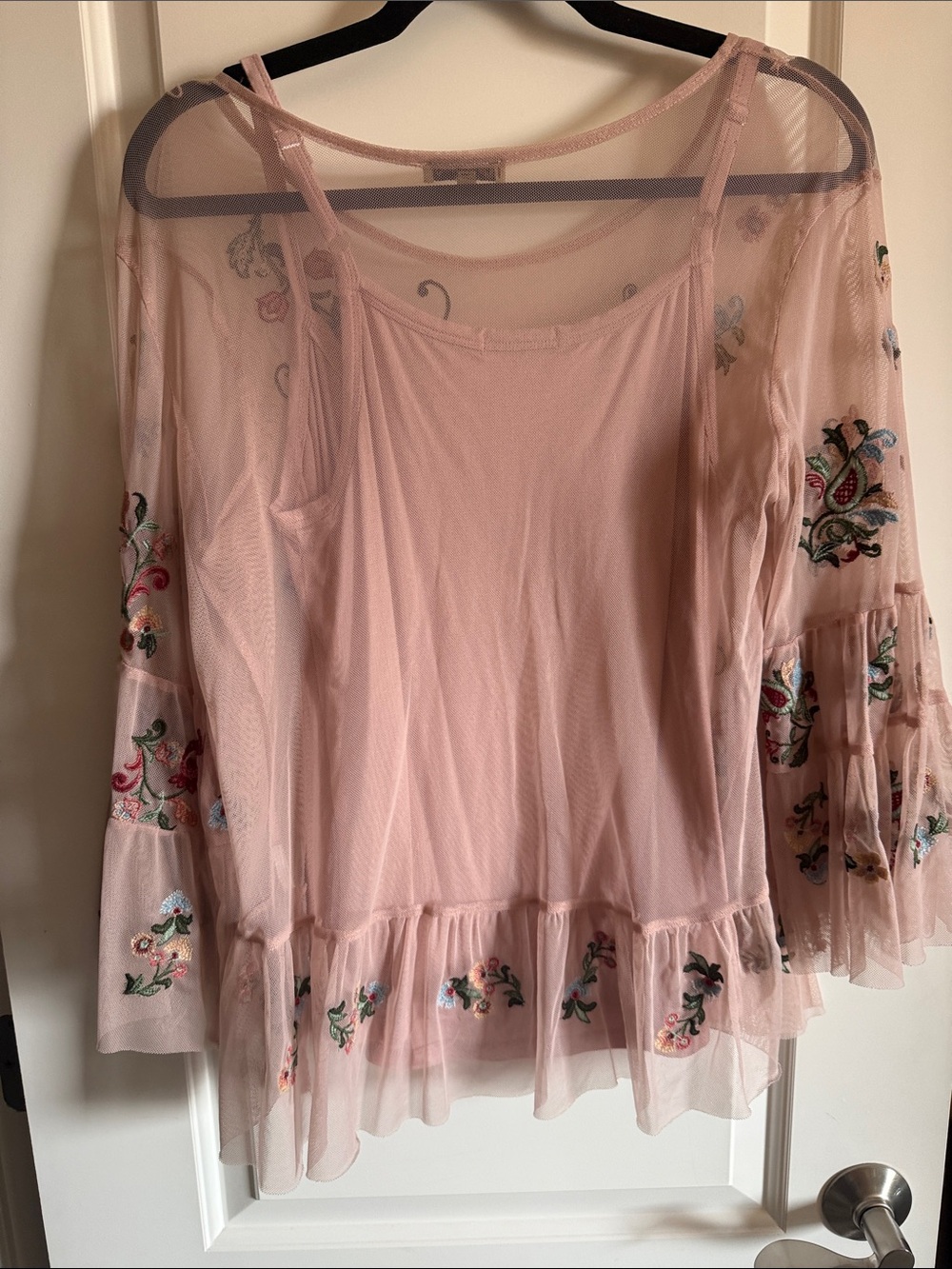 Democracy Pink Sheer Embroidered Ruffle Blouse with Matching Tank - Picture 4 of 8